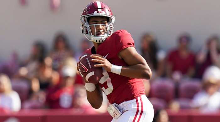 Alabama  quarterback Bryce Young looks to pass against Louisiana Monroe.